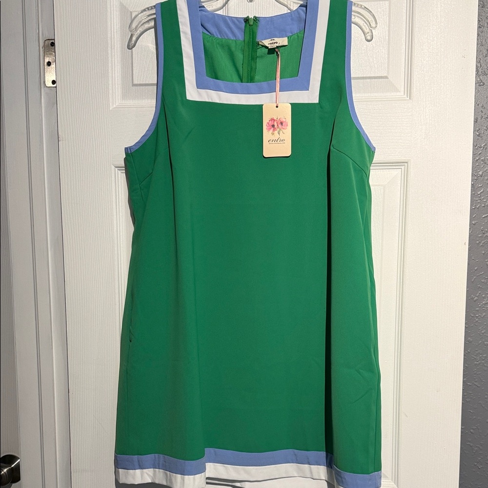 entro Green Shift Mini Dress with Blue and White Trim
